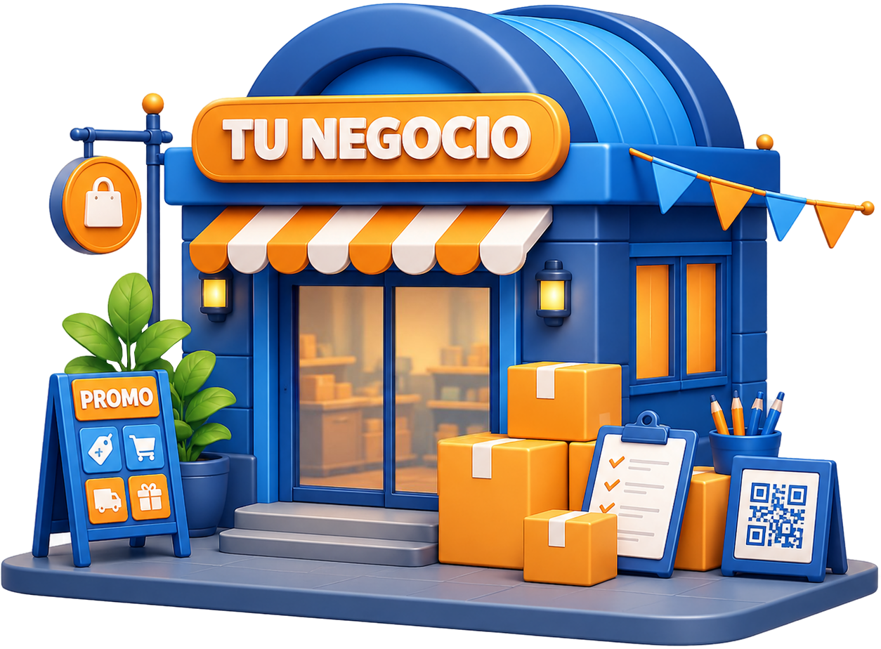 Ilustración de un negocio local con etiquetas de servicios digitales